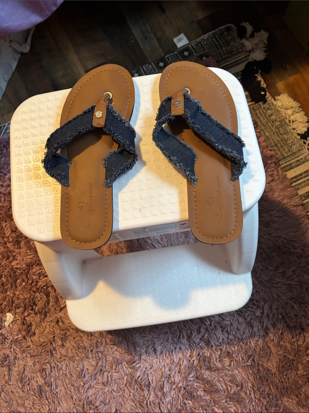 Tommy Bahama Girls' Navy Frayed Strap Brown Footbed Sandals